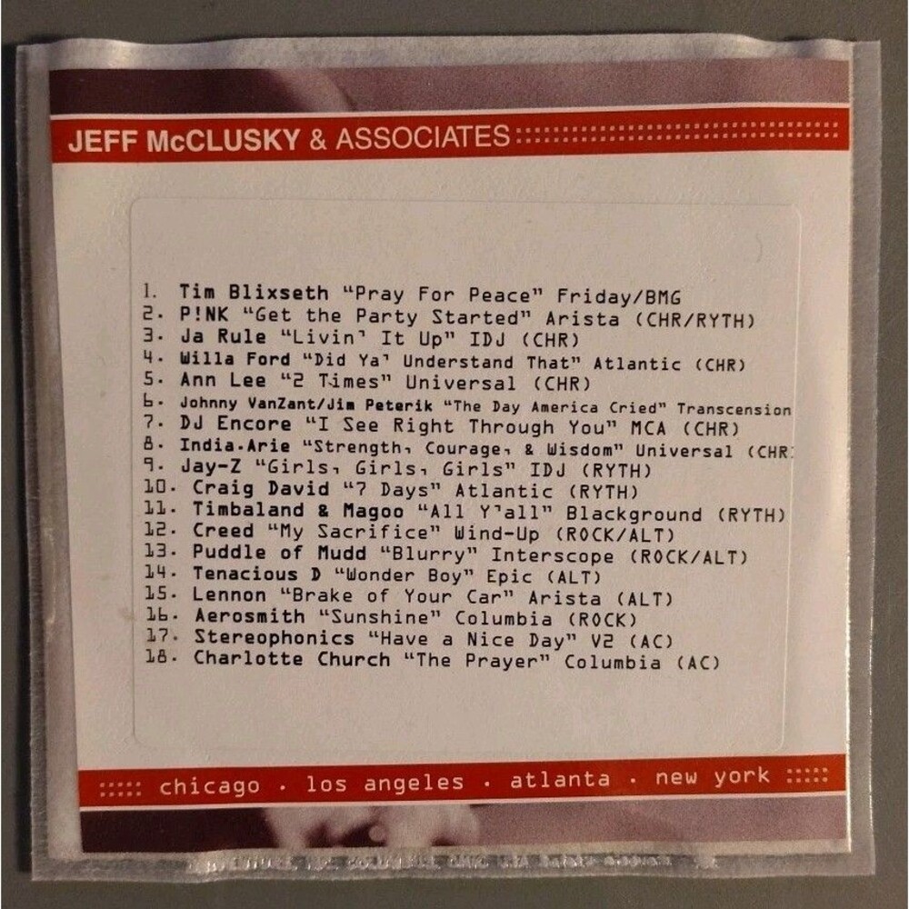 Jeff McClusky Serious Hits Promo CD Oct 15 2001 JMA Rare Radio Sampler P!NK...